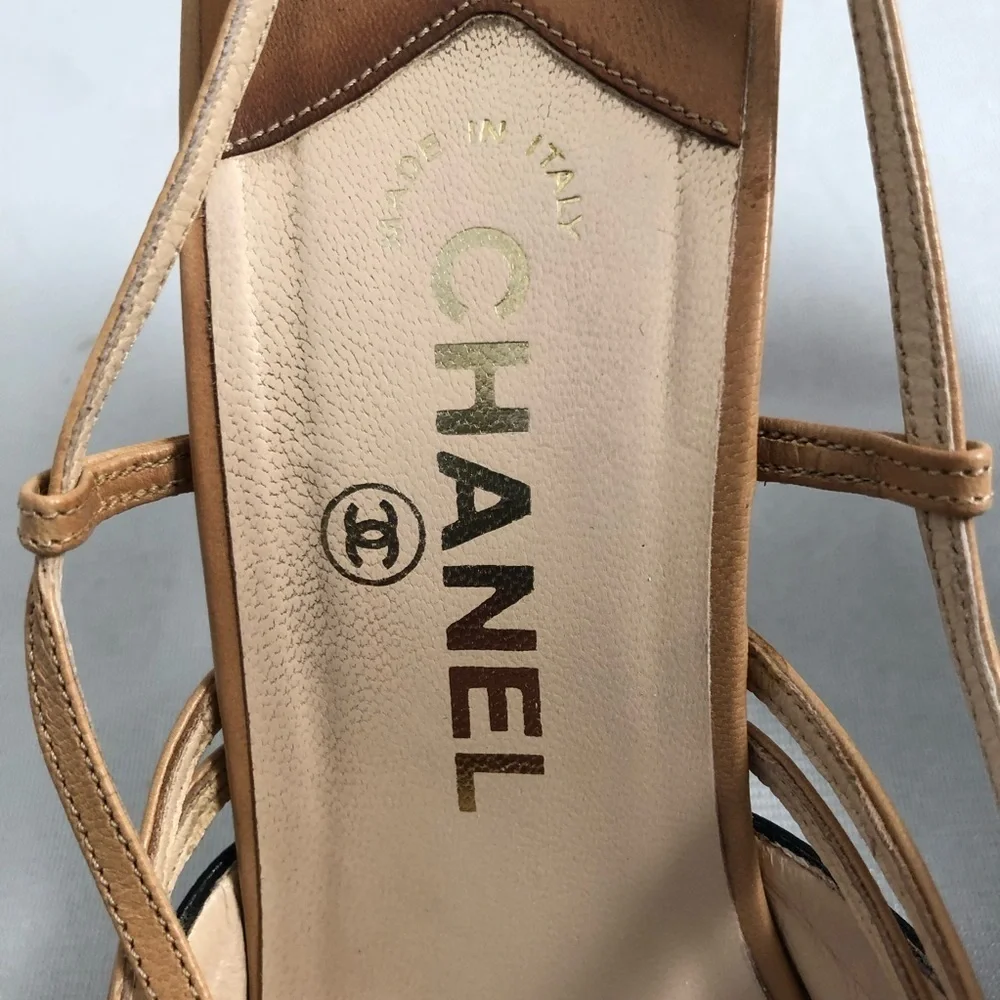 Chanel black and tan leather strappy slingback heel shoes